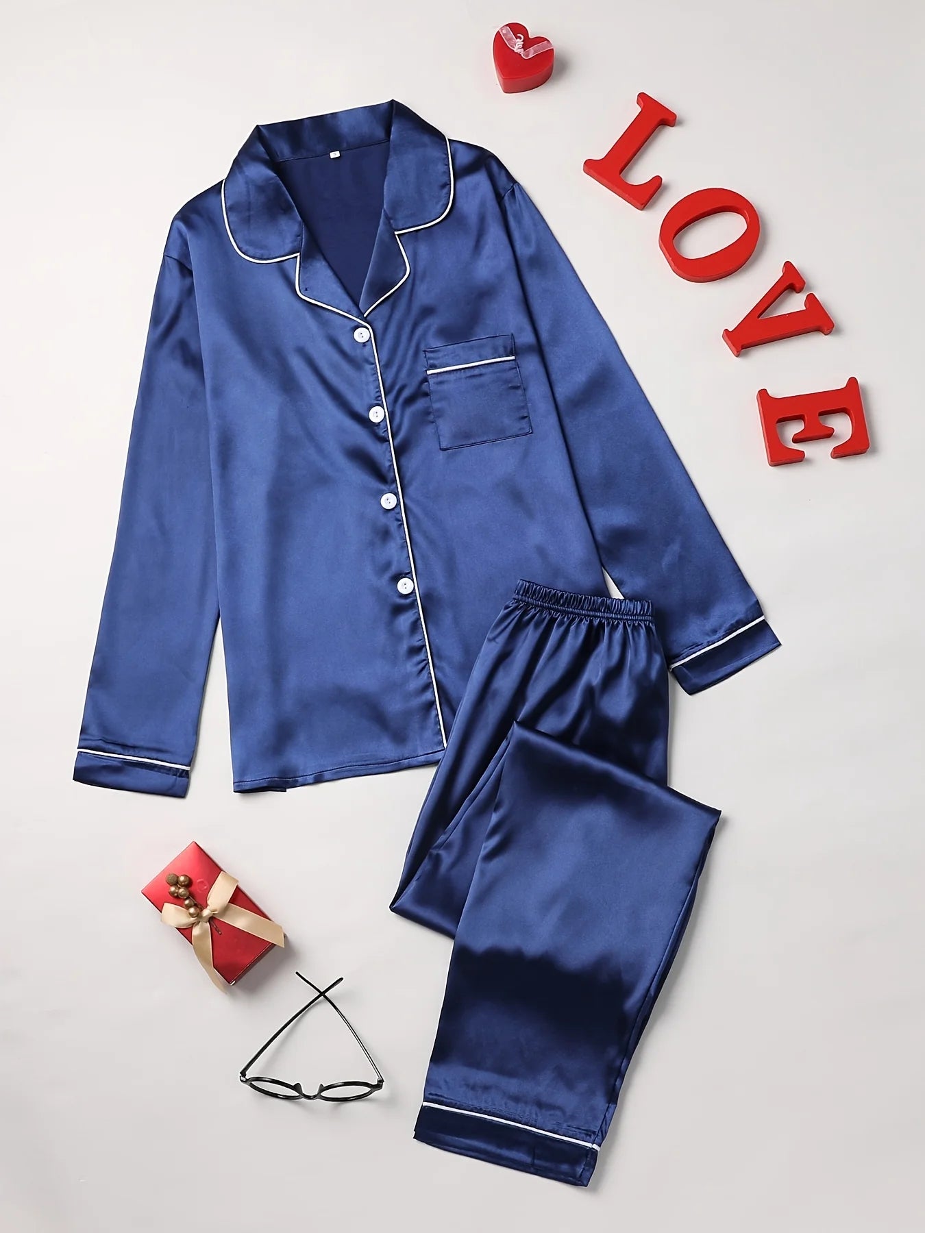 Solid Pajama Set Long Sleeve Button Up Lapel Top & Pants