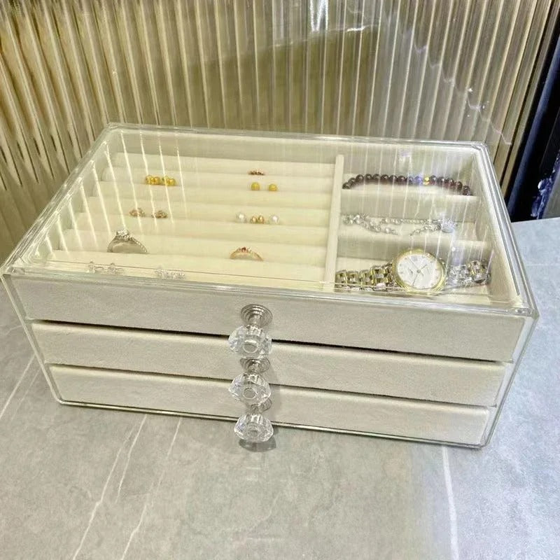 Velvet Acrylic Jewelry Organizer With 3 Drawers Stackable Display