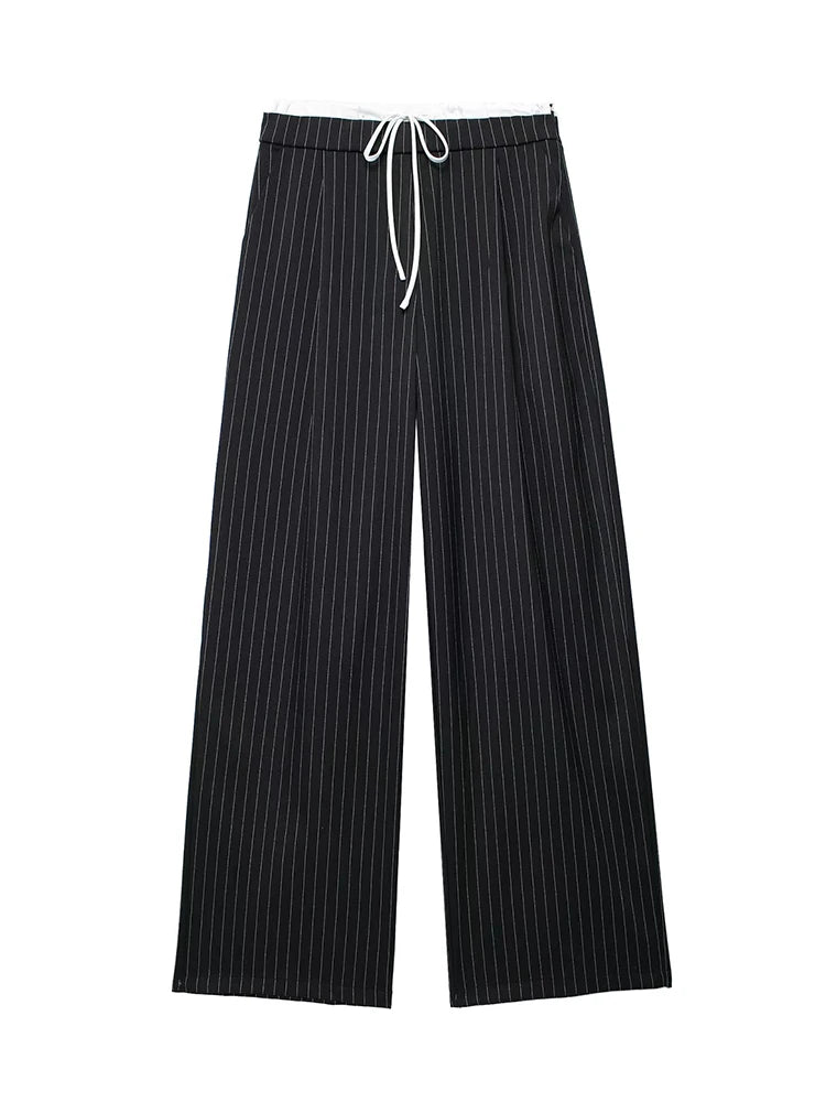 Solid Lace Up Side Zipper Straight Pants Vintage High Elastic Waist chic Trousers