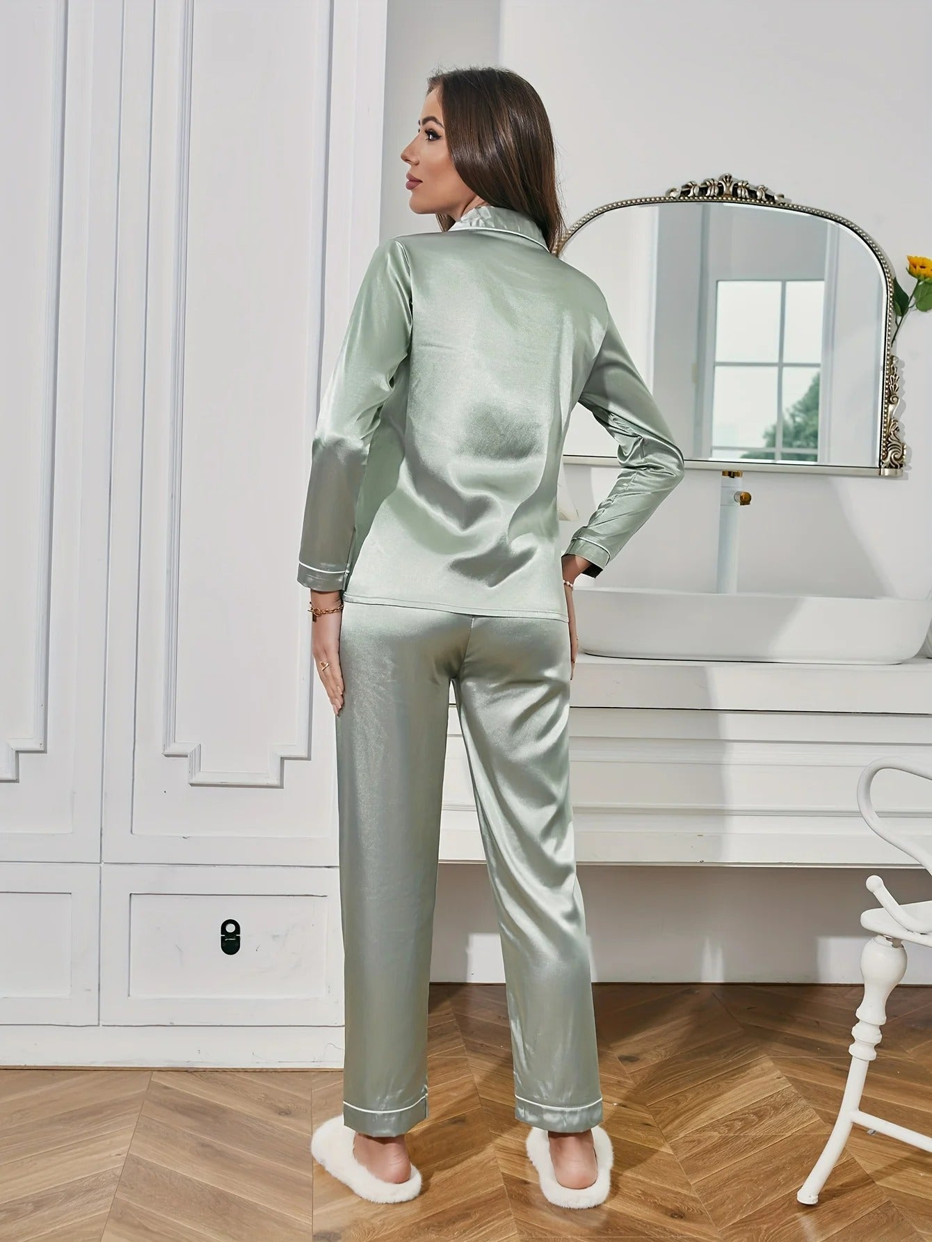 Solid Pajama Set Long Sleeve Button Up Lapel Top & Pants