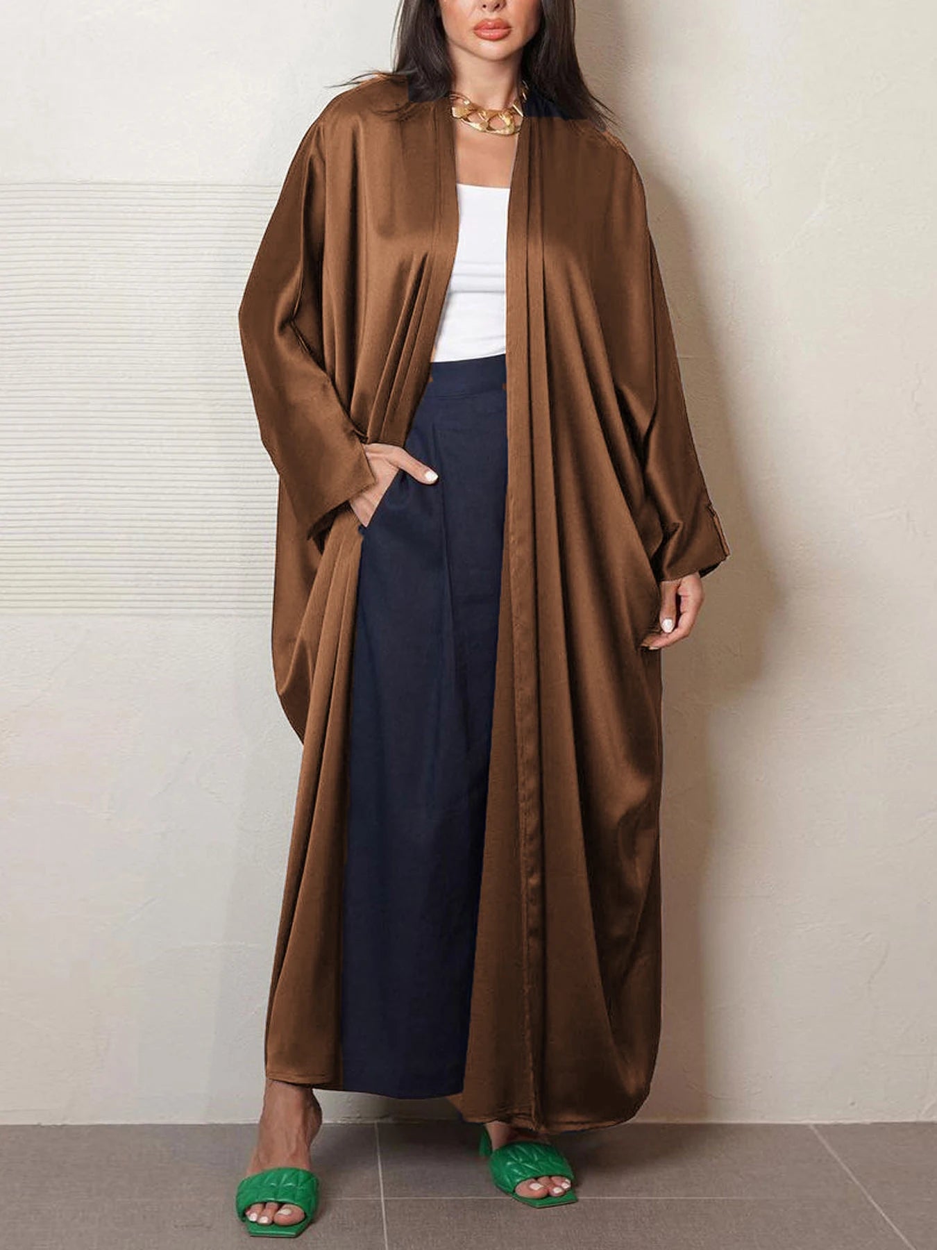 Casual Open Abaya Silk Satin Corban Split Sleeve Cardigan