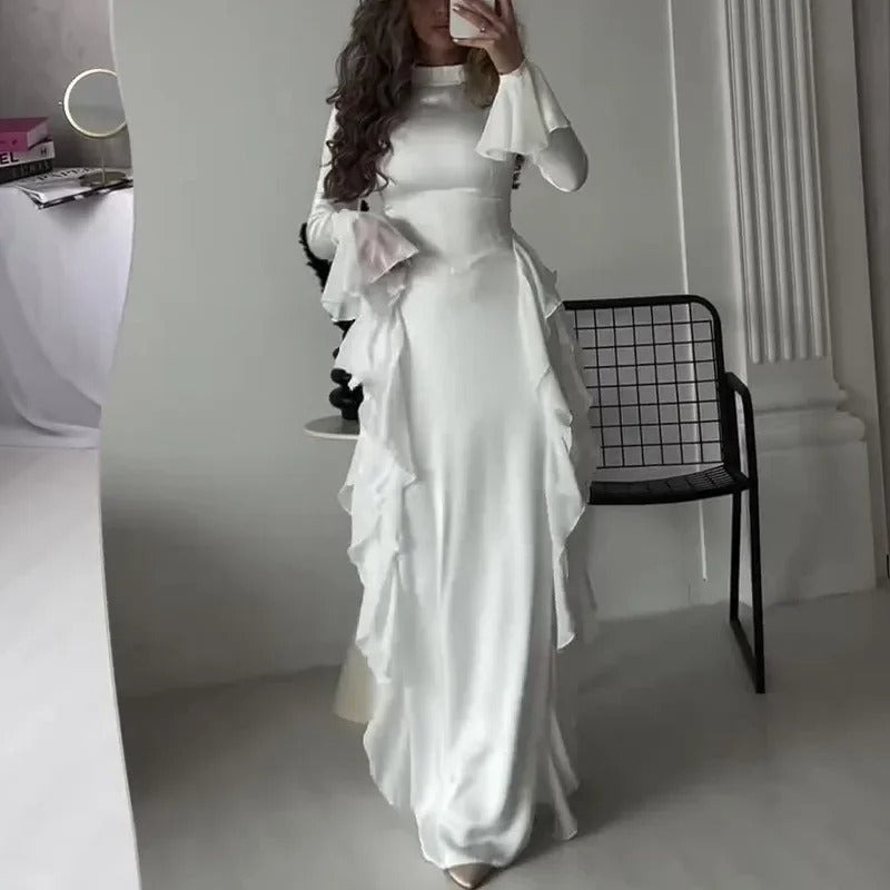 High Collar Flare Sleeve Ruffles Long Dress