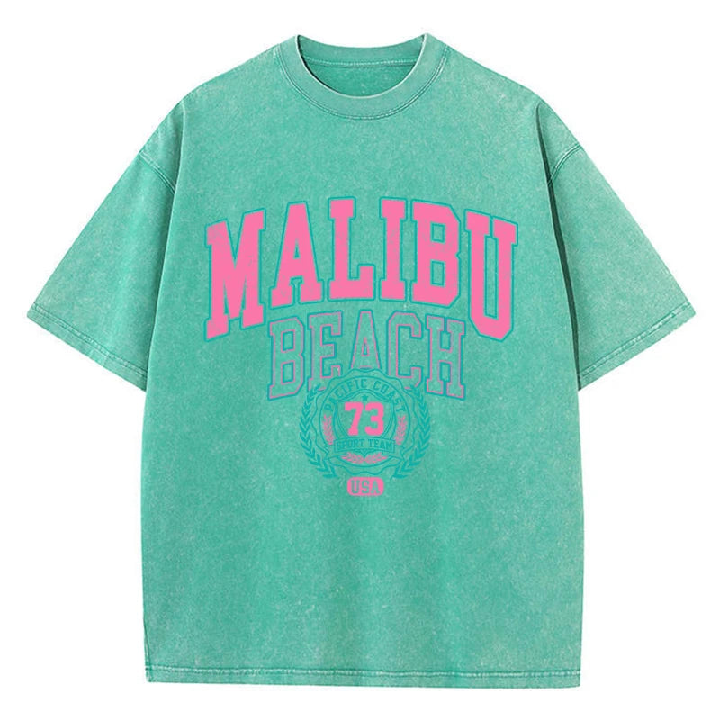 Malibu Beach Washed T-Shirt Women Letter Printing