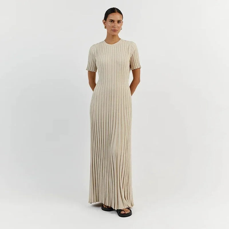 Ladies Knitted Short Sleeve Pleated Long Dress