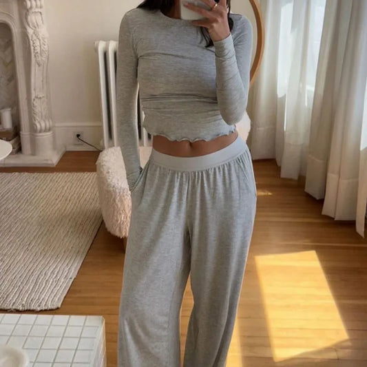 2 Piece Pant Sets Long Sleeve Crop Tops and Elastic Wide Leg Pants Sleepwear