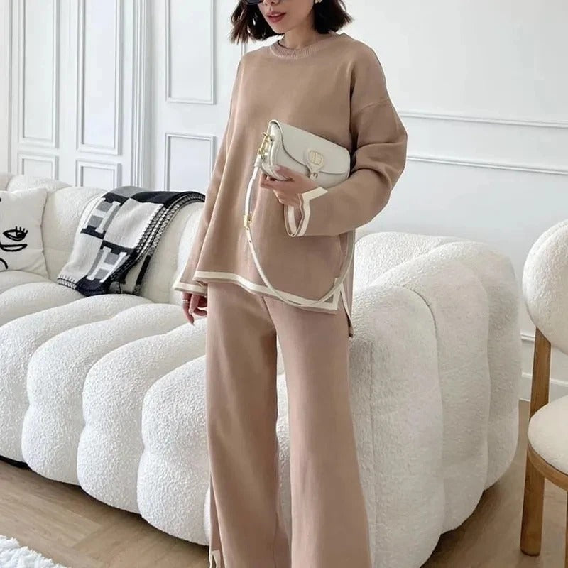 Elegant O-neck Side Slit Pullover Long Sleeve Set