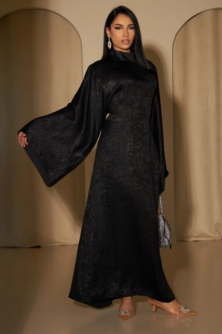 Belted Dress Pagoda Sleeve Satin Abaya