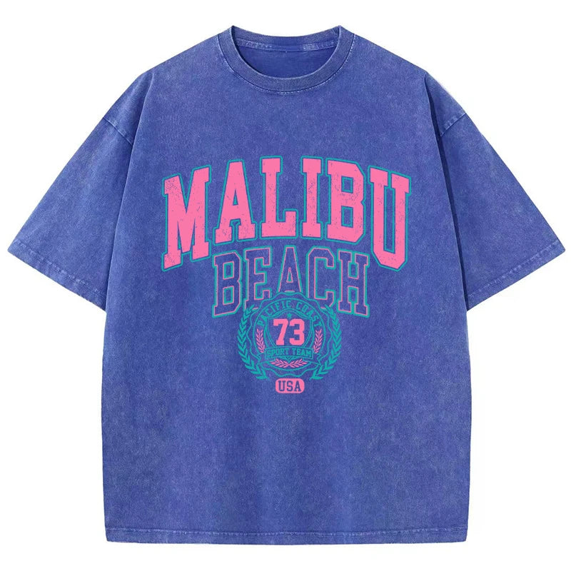 Malibu Beach Washed T-Shirt Women Letter Printing