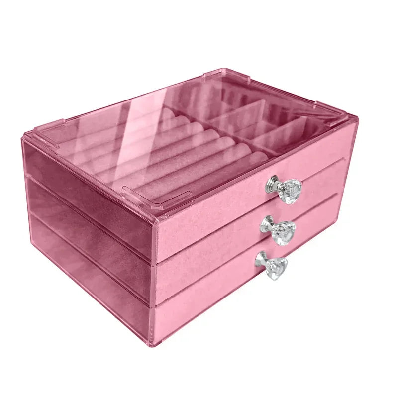 Velvet Acrylic Jewelry Organizer With 3 Drawers Stackable Display