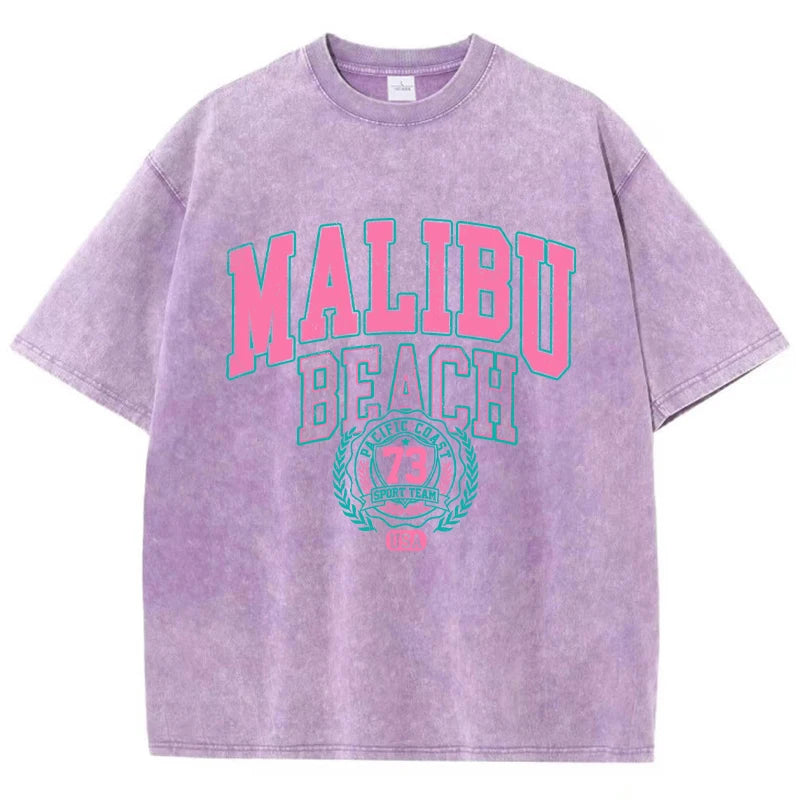 Malibu Beach Washed T-Shirt Women Letter Printing