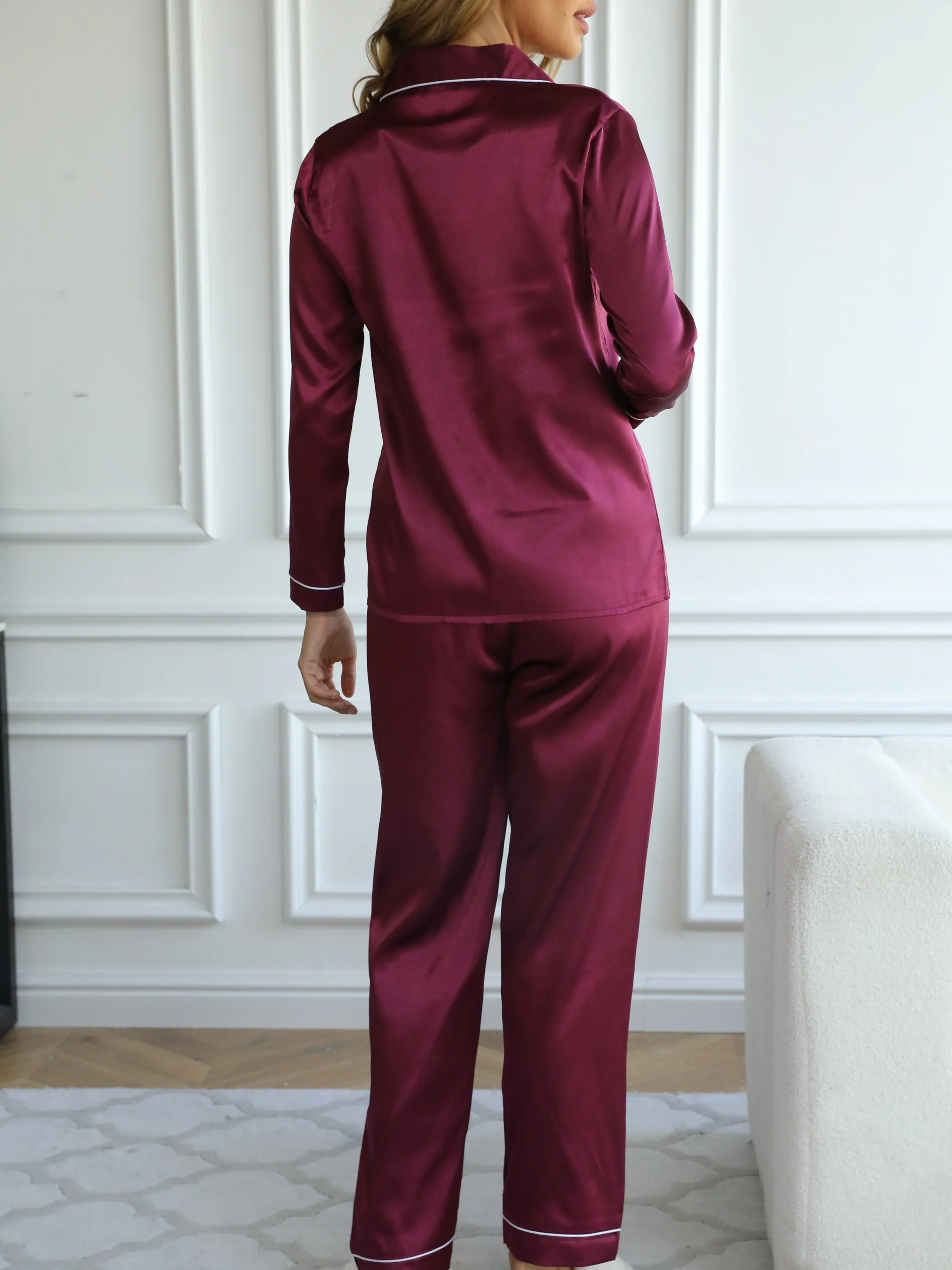 Solid Pajama Set Long Sleeve Button Up Lapel Top & Pants