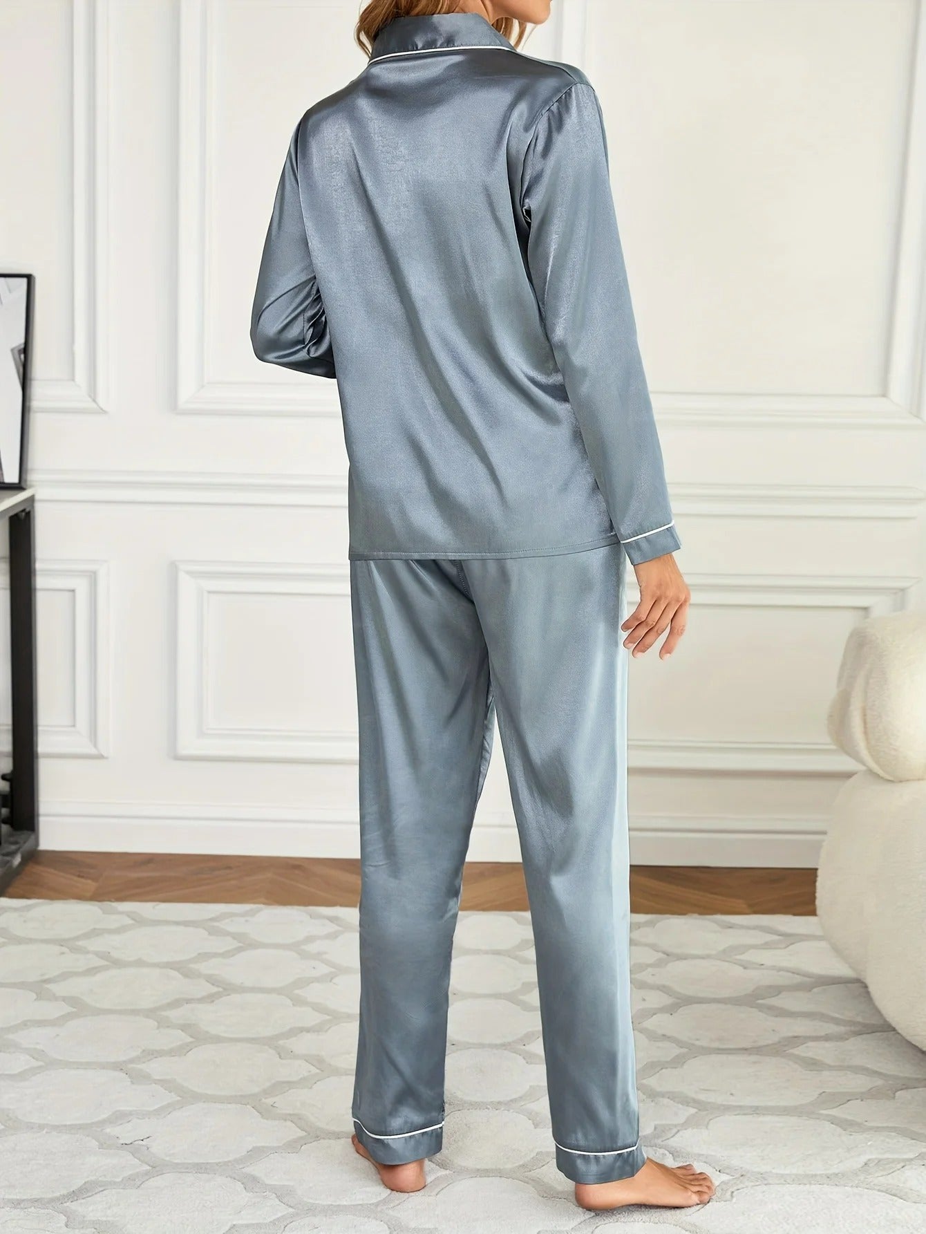 Solid Pajama Set Long Sleeve Button Up Lapel Top & Pants