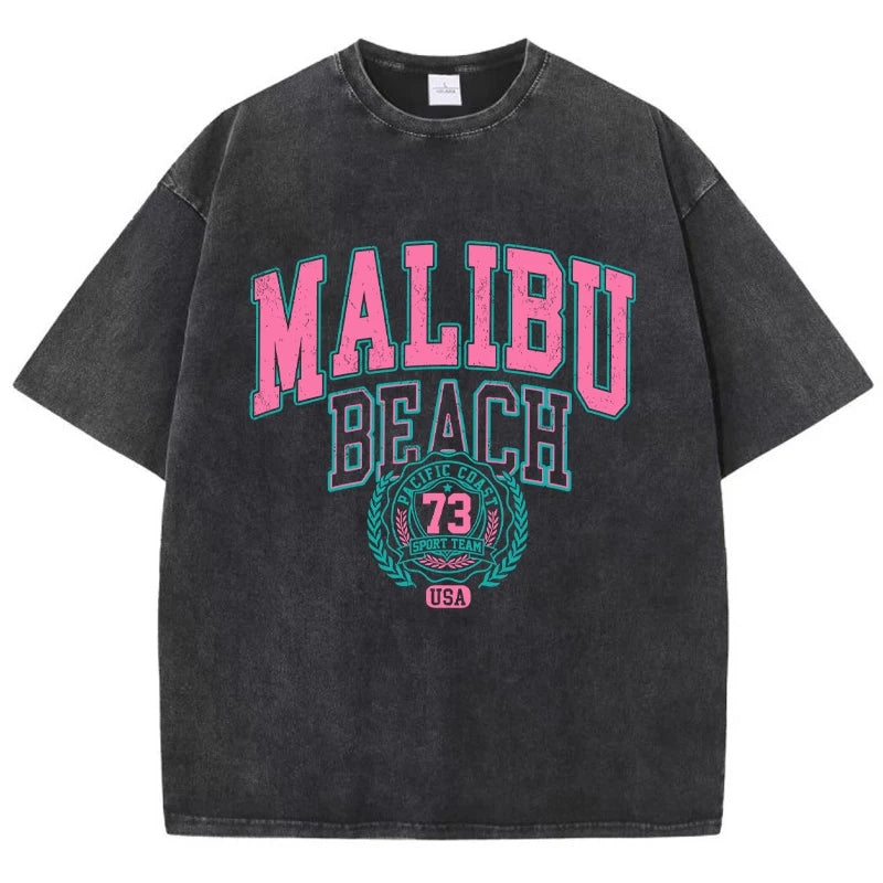 Malibu Beach Washed T-Shirt Women Letter Printing