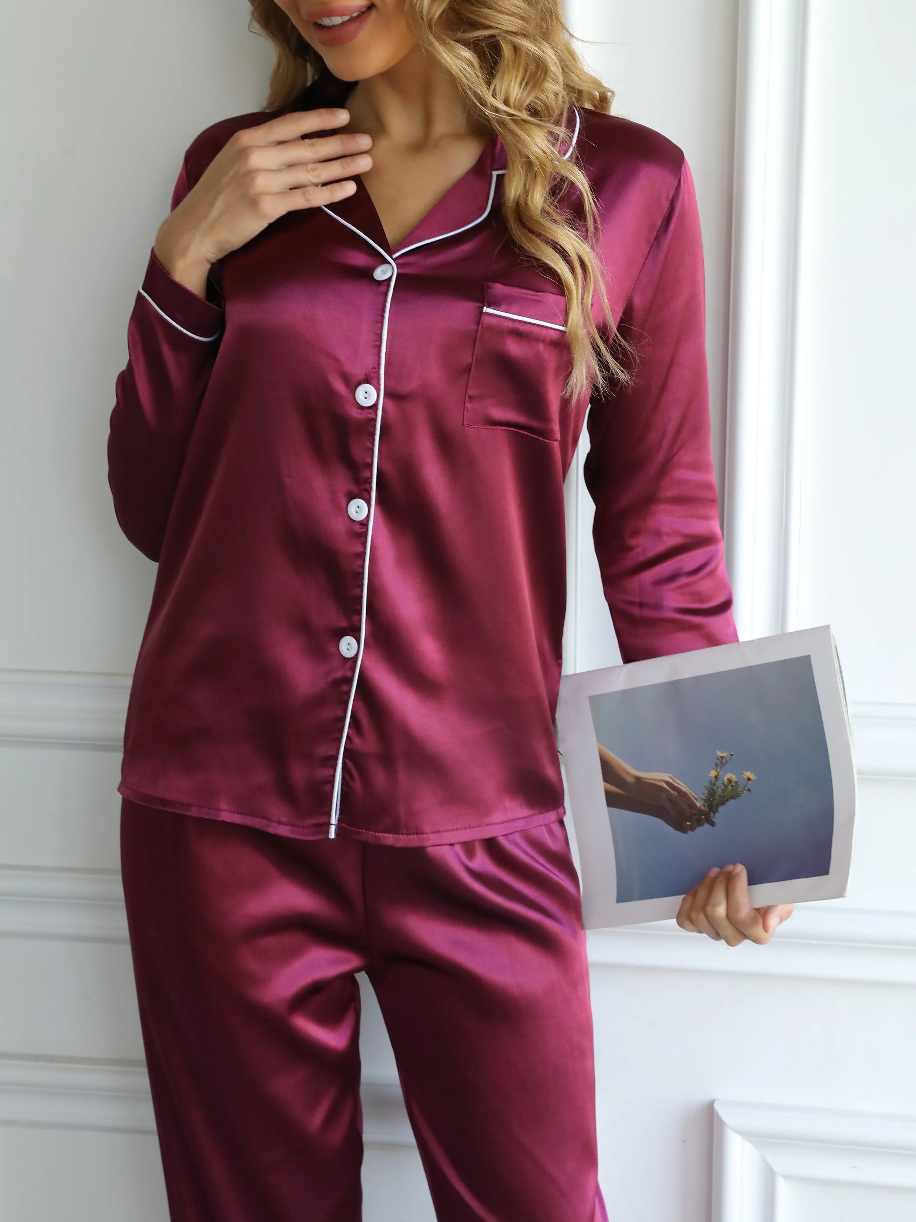 Solid Pajama Set Long Sleeve Button Up Lapel Top & Pants