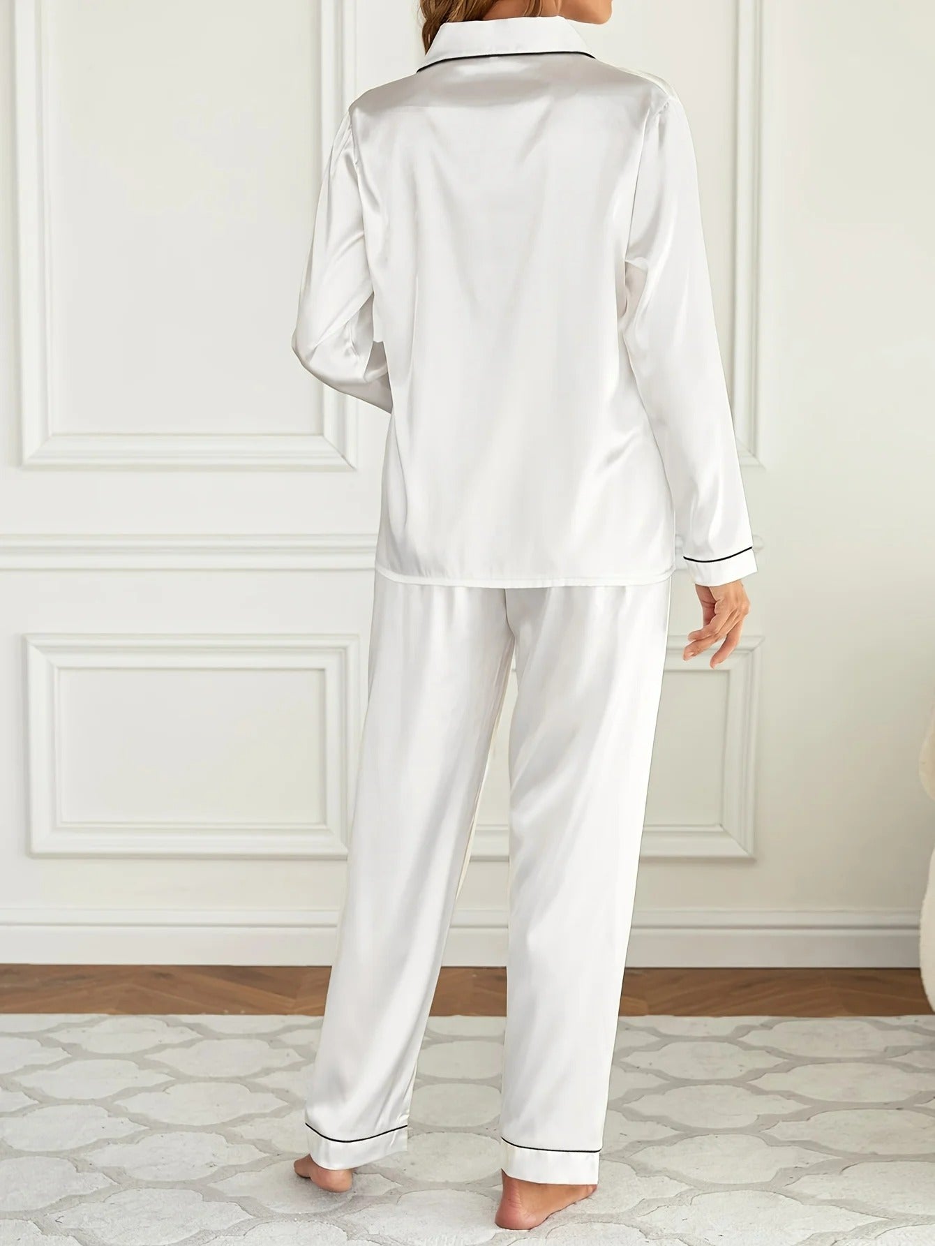 Solid Pajama Set Long Sleeve Button Up Lapel Top & Pants