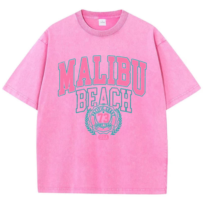 Malibu Beach Washed T-Shirt Women Letter Printing