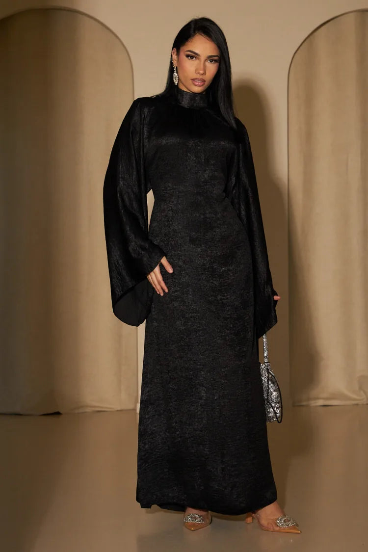 Belted Dress Pagoda Sleeve Satin Abaya