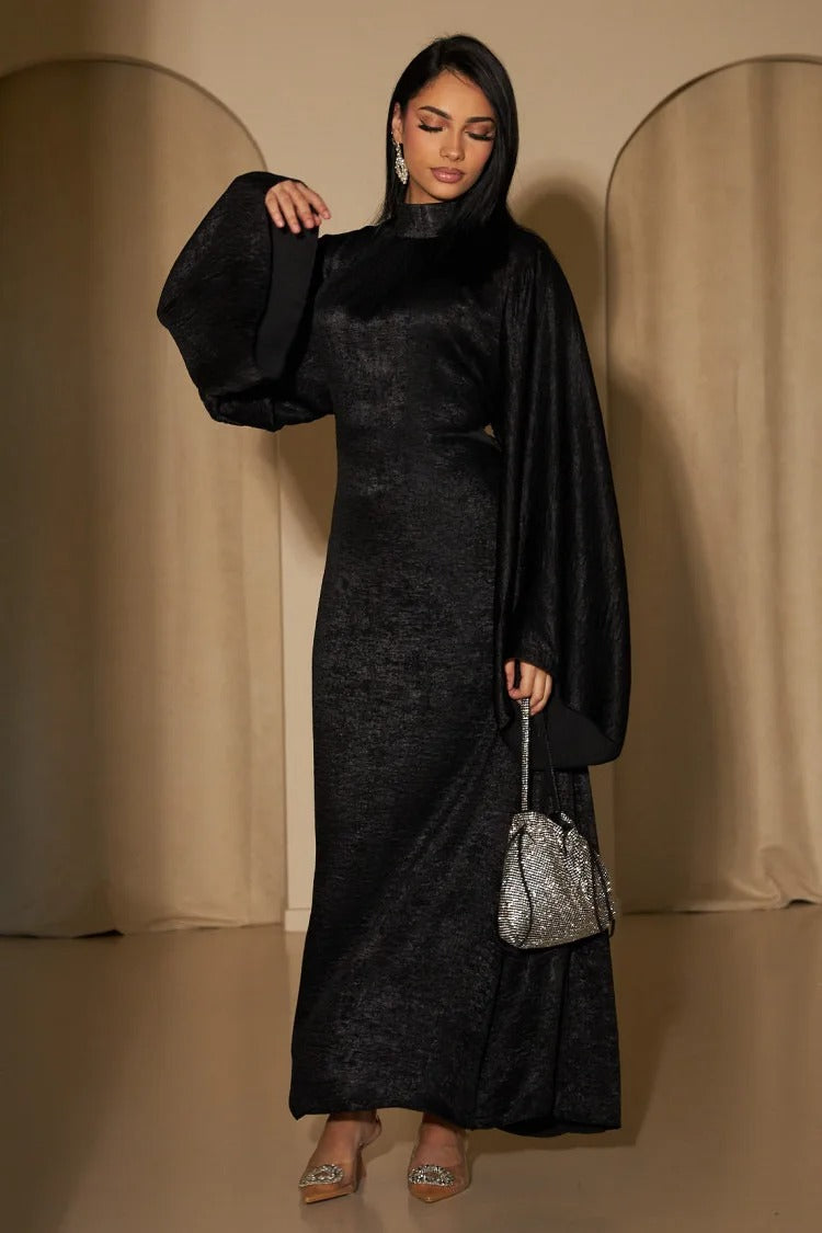 Belted Dress Pagoda Sleeve Satin Abaya