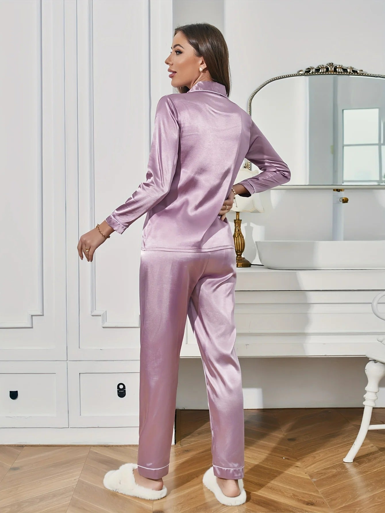 Solid Pajama Set Long Sleeve Button Up Lapel Top & Pants