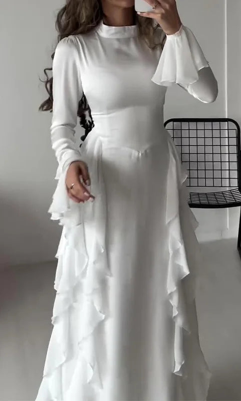 High Collar Flare Sleeve Ruffles Long Dress