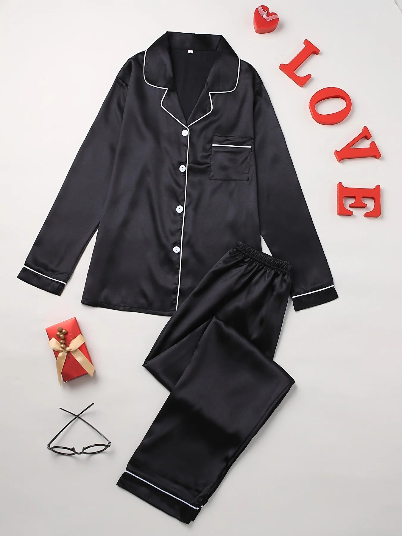 Solid Pajama Set Long Sleeve Button Up Lapel Top & Pants