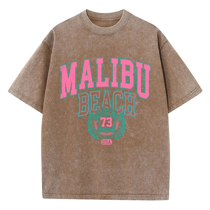 Malibu Beach Washed T-Shirt Women Letter Printing